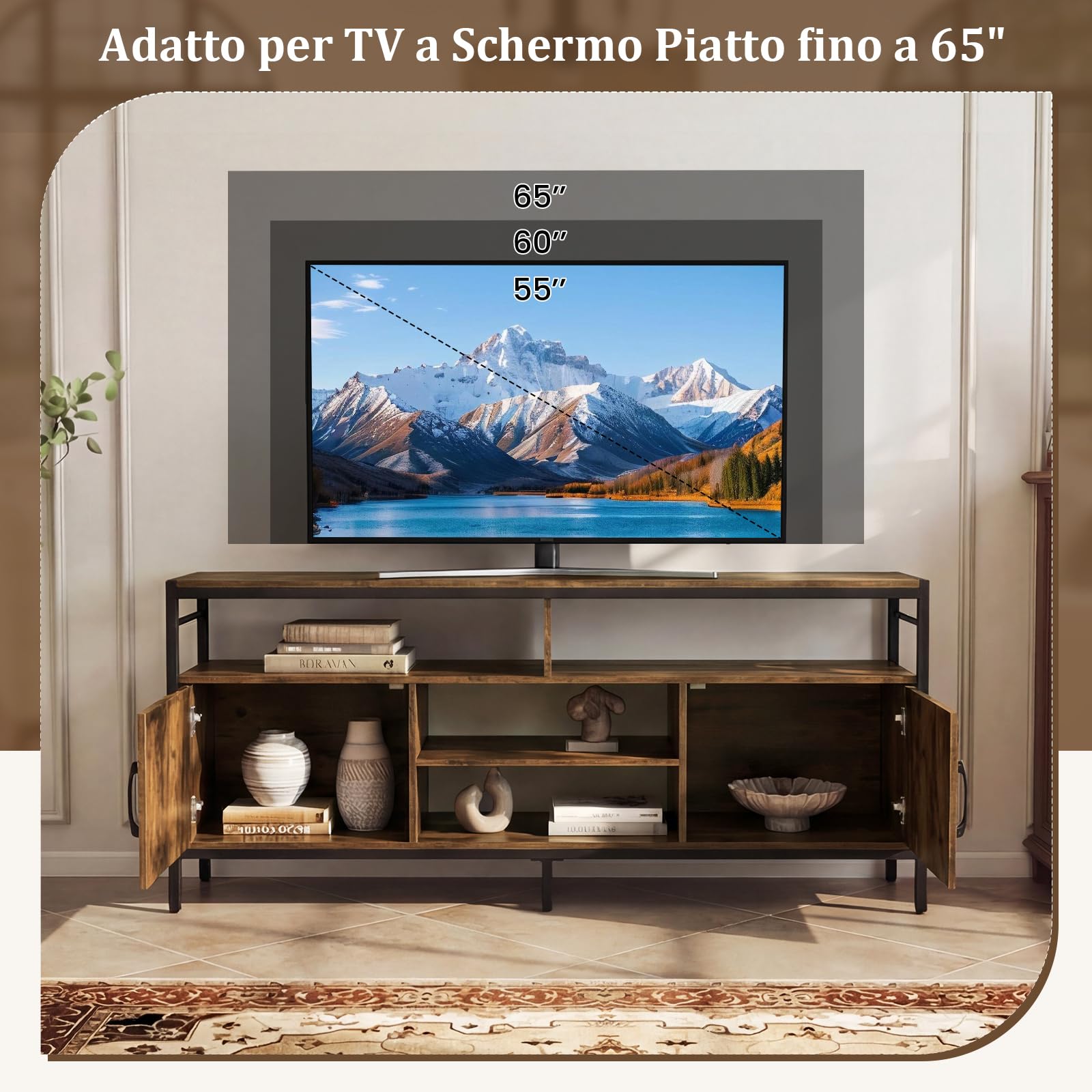 COSTWAY Mobile TV Soggiorno fino a 65", con 2 Armadietti e 4 Ripiani Aperti, Tavolino Porta TV con Gambe in Metallo, Centro di Intrattenimento per Soggiorno Camera da Letto (Marrone, 147 x 35 cm)