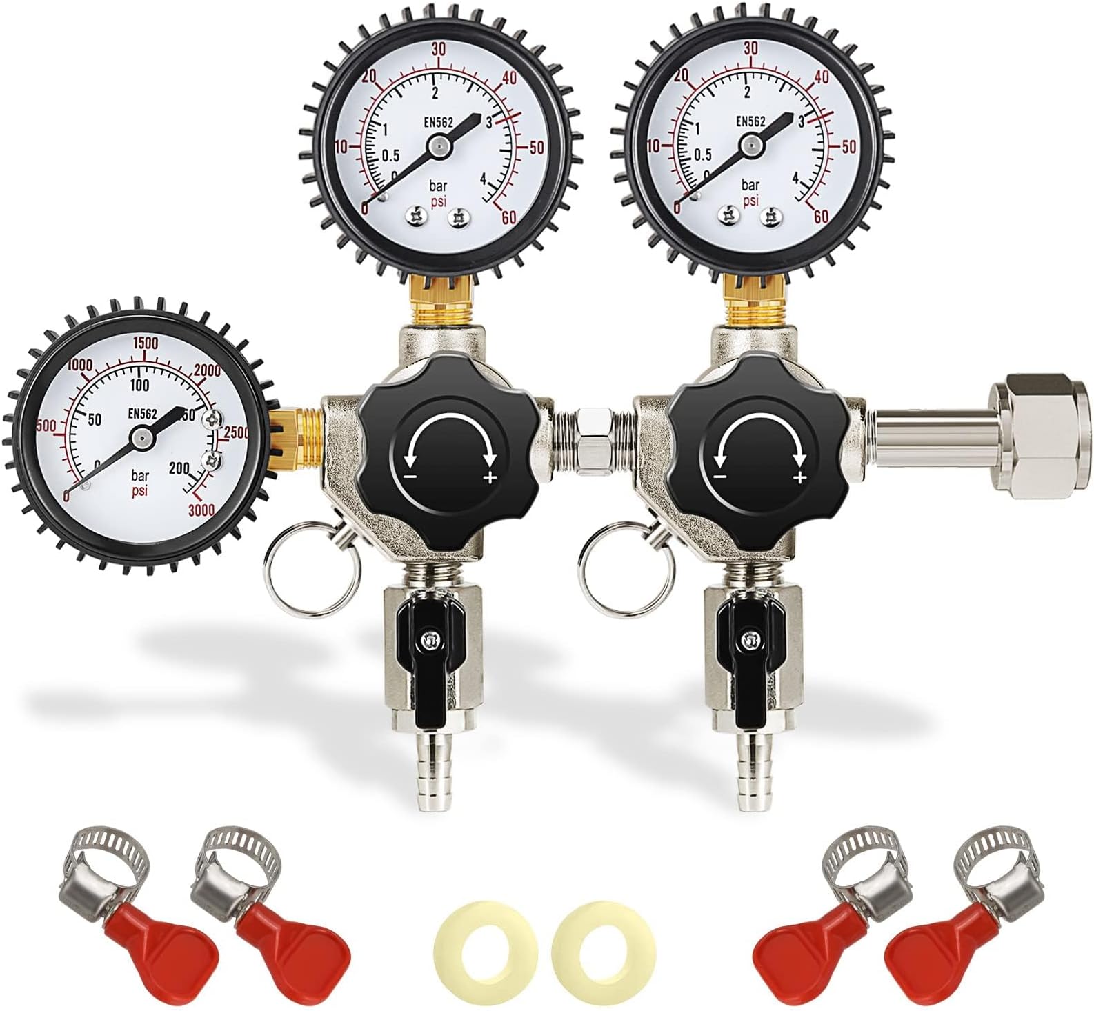 FERRODAY Two System CO2 Regulator Kegerator Regulator Heavy-Duty Brass Body, Ball Valve, Silicone Cover, Individual Gauges for Outlet Pressure & Tank Pressure Regulator Easy Control of 2 Kinds of Beer