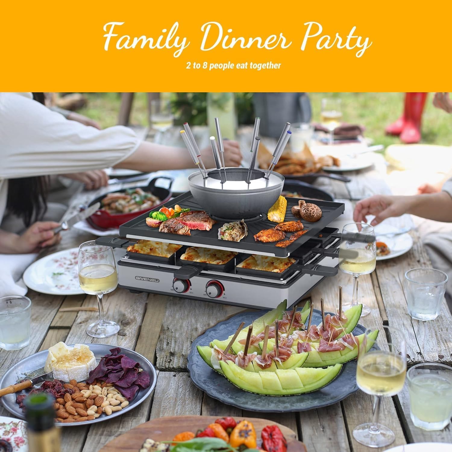 GIVENEU Raclette und Fondue Set elektrisch, 600ml Fondue Topf mit Grillplatte, 8 Farbmarkierte Gabeln, 8 Antihaft-Pfännchen, Doppelthermostat für Käse, Schokolade und Grillen