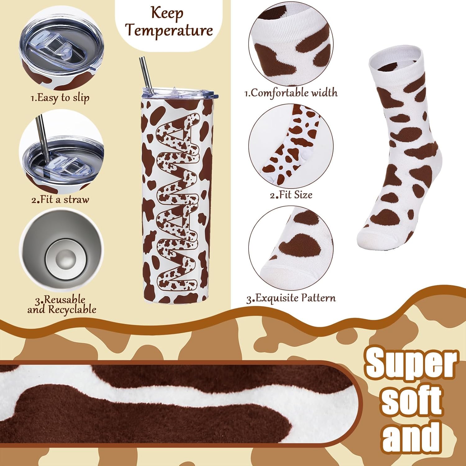 Yaomiao 5 Pcs Cow Gifts Set for Women: 20 oz Cow Pattern Stainless Steel Tumbler with Lid, Straw, Tote Bag, Warm Throw Blanket, Keychain, Animal Pattern Socks(Light Brown) - Image 3