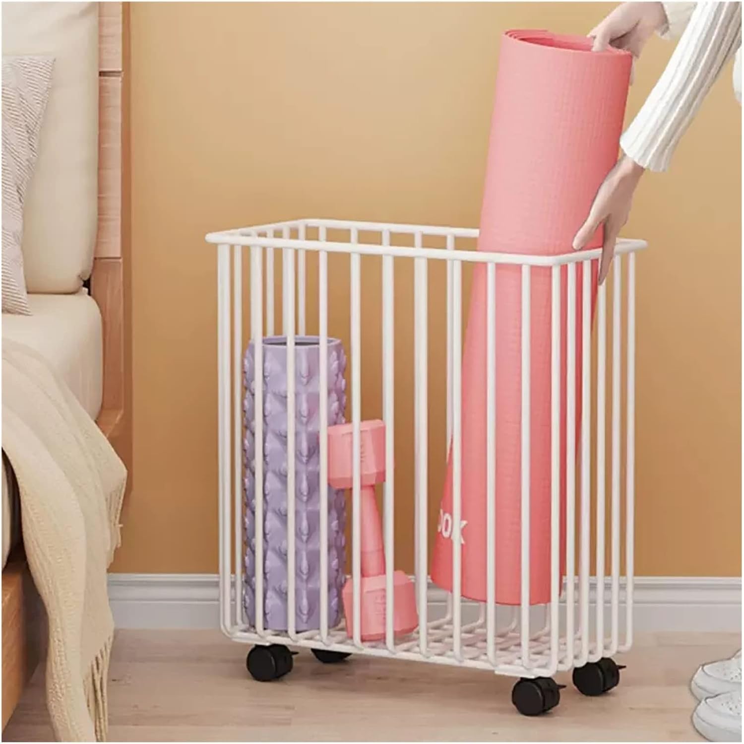 Support de rangement pour tapis de yoga et rouleau de massage en métal blanc