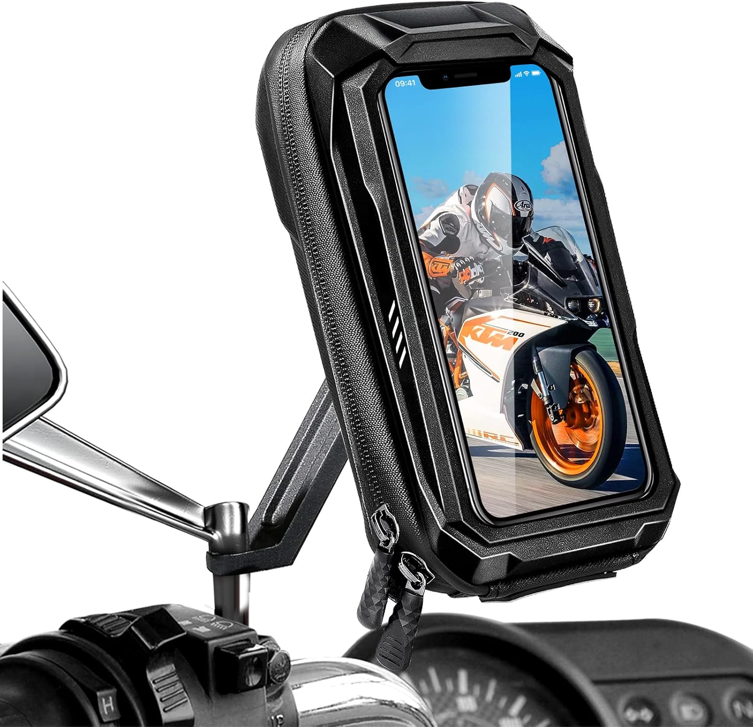HUANLANG Motorcycle Phone Mount Holder Waterproof Motorcycle Cell Phone Holder with Rain Cover,360°Rotation Motorbike Rearview Mirror Mount for Phone Bag Large Storage Below 6.7 Inch