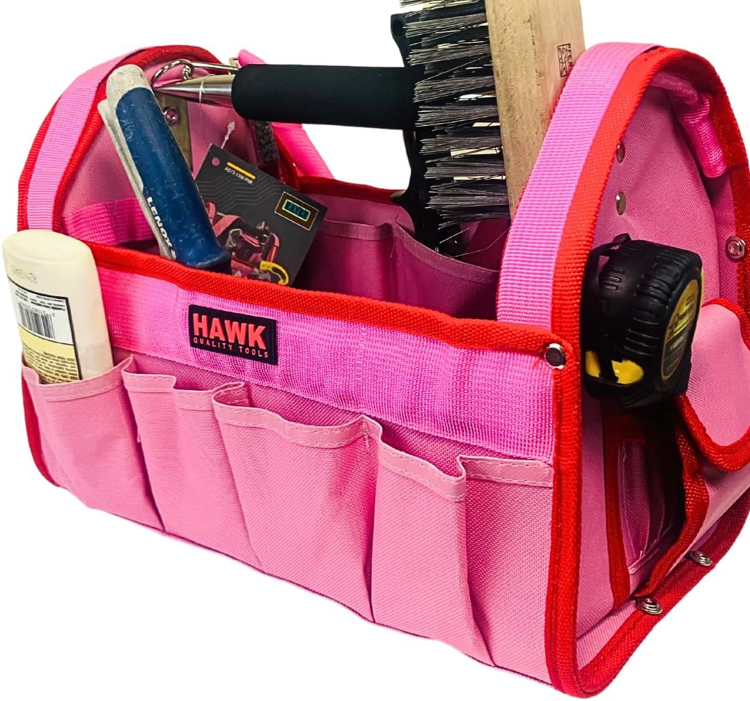 RAVEN 12.5" Pink Tool Carry-All Tool Bag | Premium Canvas with Multi-Pockets | Metal Handle & Rubber Feet | 12.5" x 9.5" x 8" | Best for Tools, Crafts & Supplies