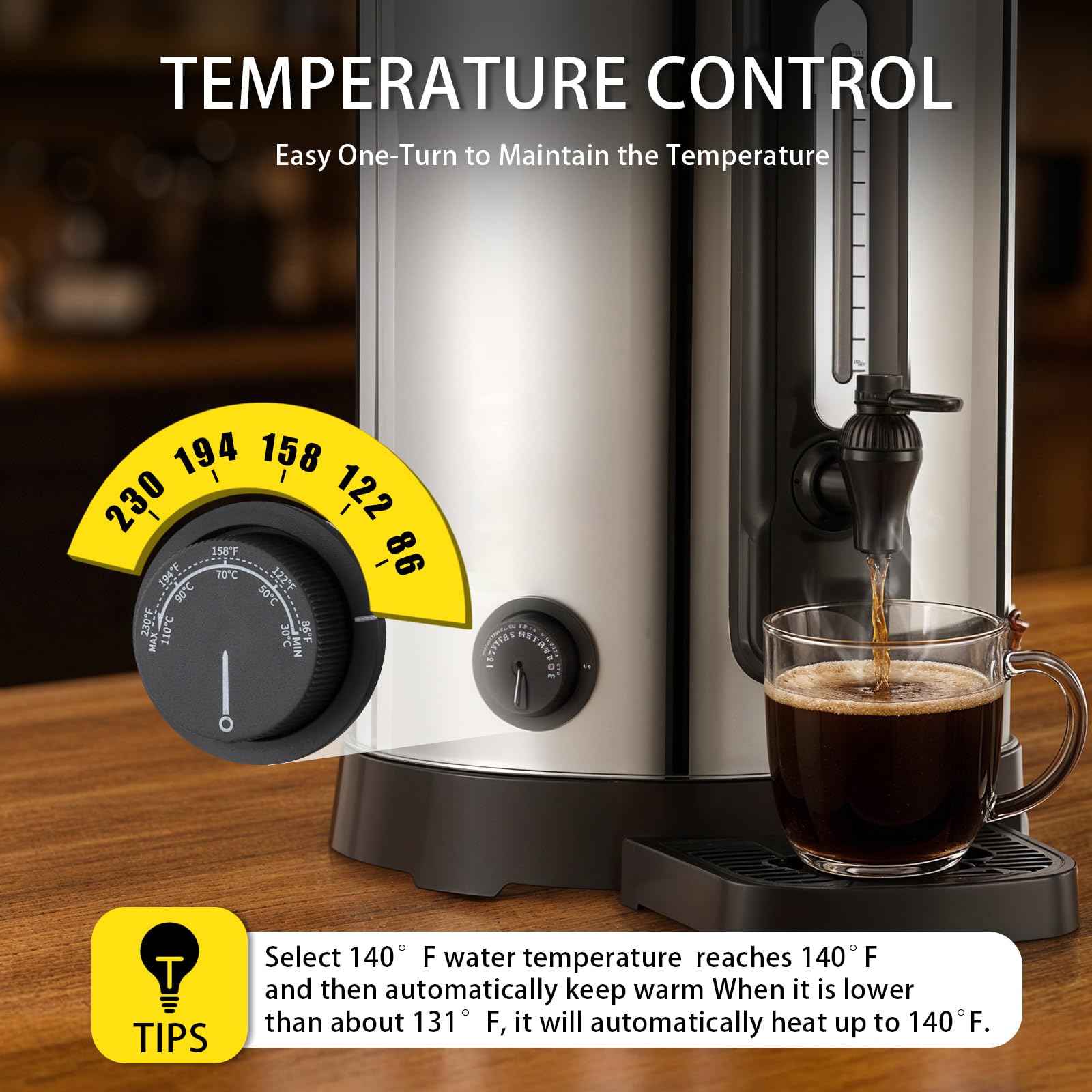 100-Cup Commercial Coffee Urn, 20L Double-Wall Stainless Steel Coffee Maker with Adjustable Temperature Control & Keep Warm, Large Insulated Coffee Pot for Events, Catering, and Offices