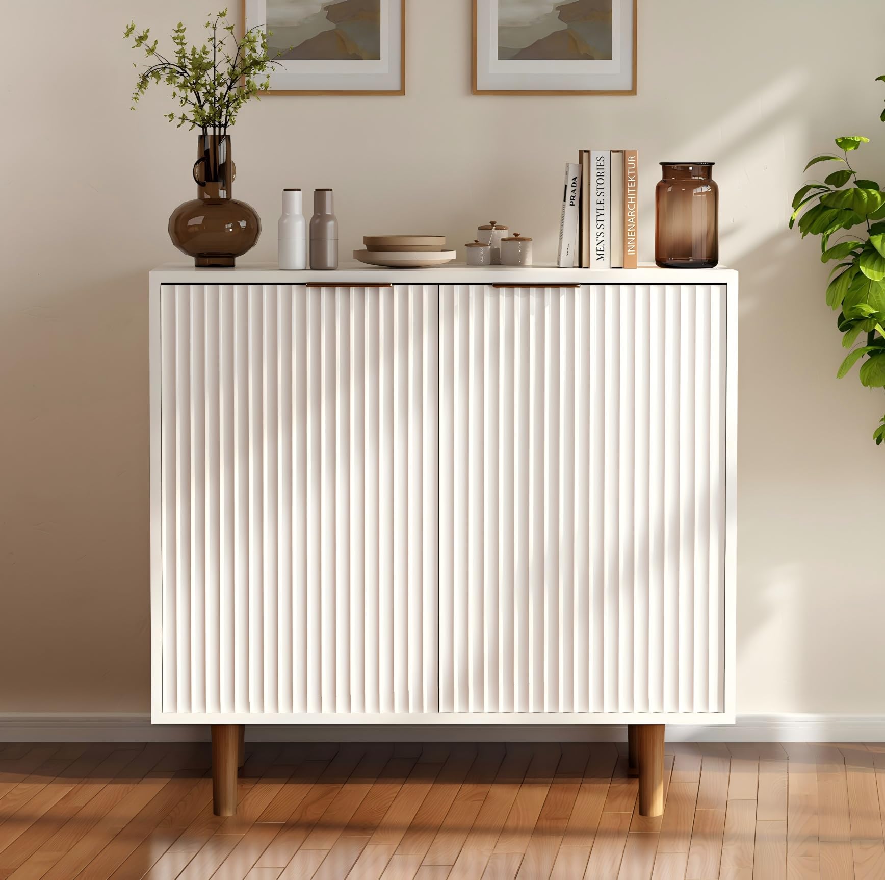 DAWNYIELD Wooden Fluted Cabinet, Freestanding Multi-Function Sideboard with Adjustable Shelves, Modern Cupboard, Storage Cabinet Side Table for Living Room, Kitchen, Entryway, White