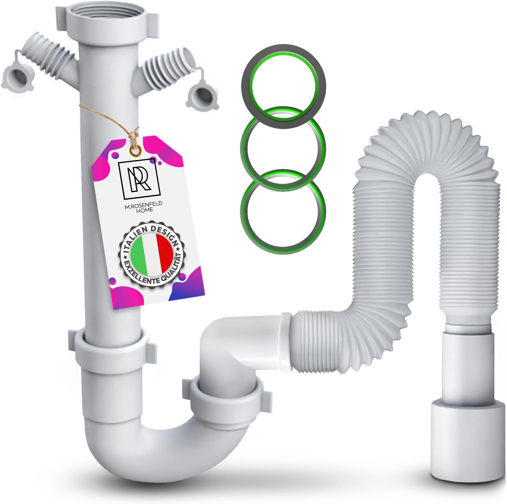 Siphon Kitchen Sink + 2 Caps + 2 Device Connection + Flexible Drain Hose 40/50 mm + Flexible Siphon 1 1/2 - Syphon Kitchen Sink - Pipe Siphon Odour Trap for Dishwasher, Washing Machine