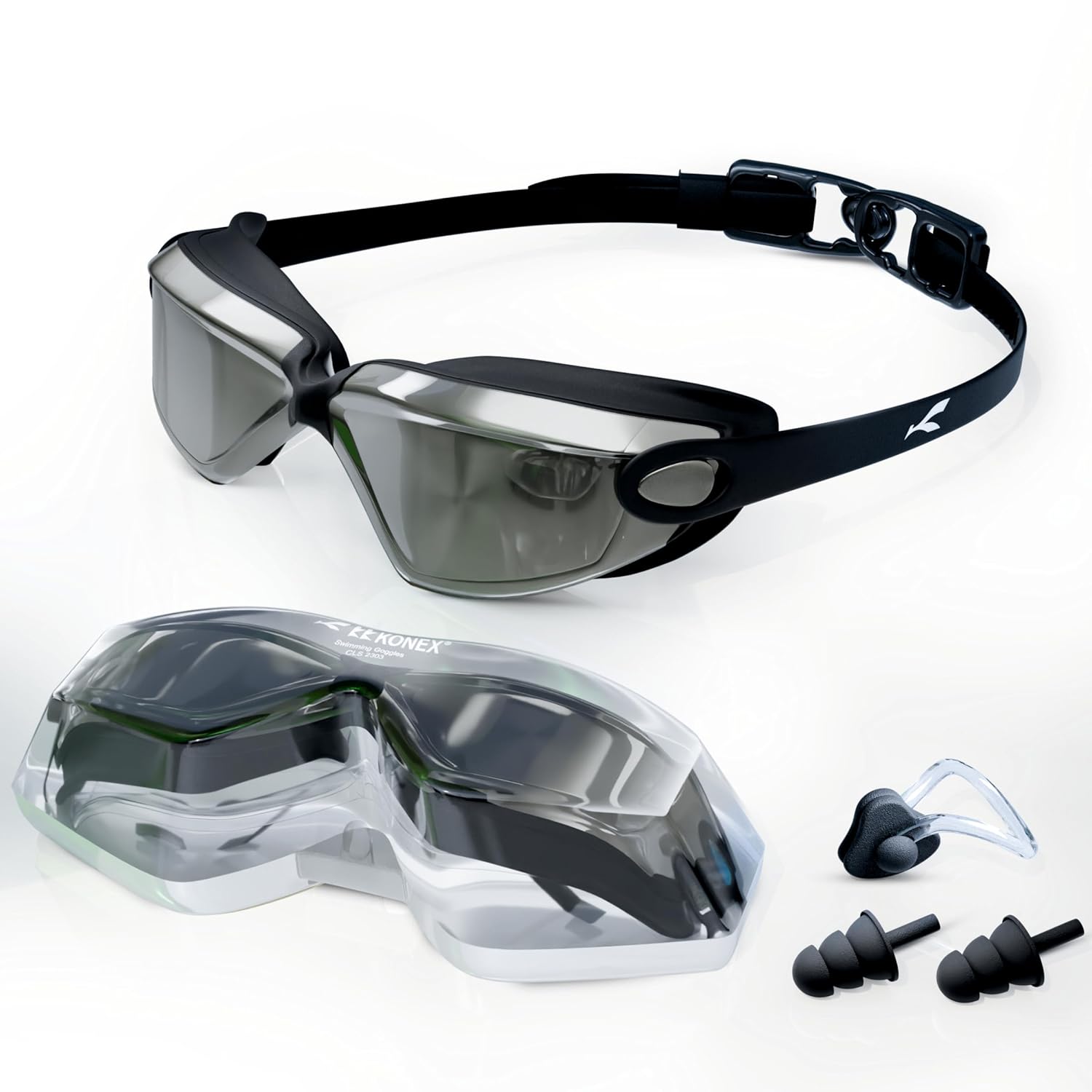 KONEX Anti-Fog Premium Swimming Goggles for Men & Women with UV Protection | Comes Along with Ear Plugs & Nose Pin | Ideal for Children & Adults (Mercury) (Mercury) KONEX Anti-Fog Premium Swimming Goggles for Men & Women with UV Protection | Comes Along with Ear Plugs & Nose Pin | Ideal for Children & Adults (Mercury) (Mercury)