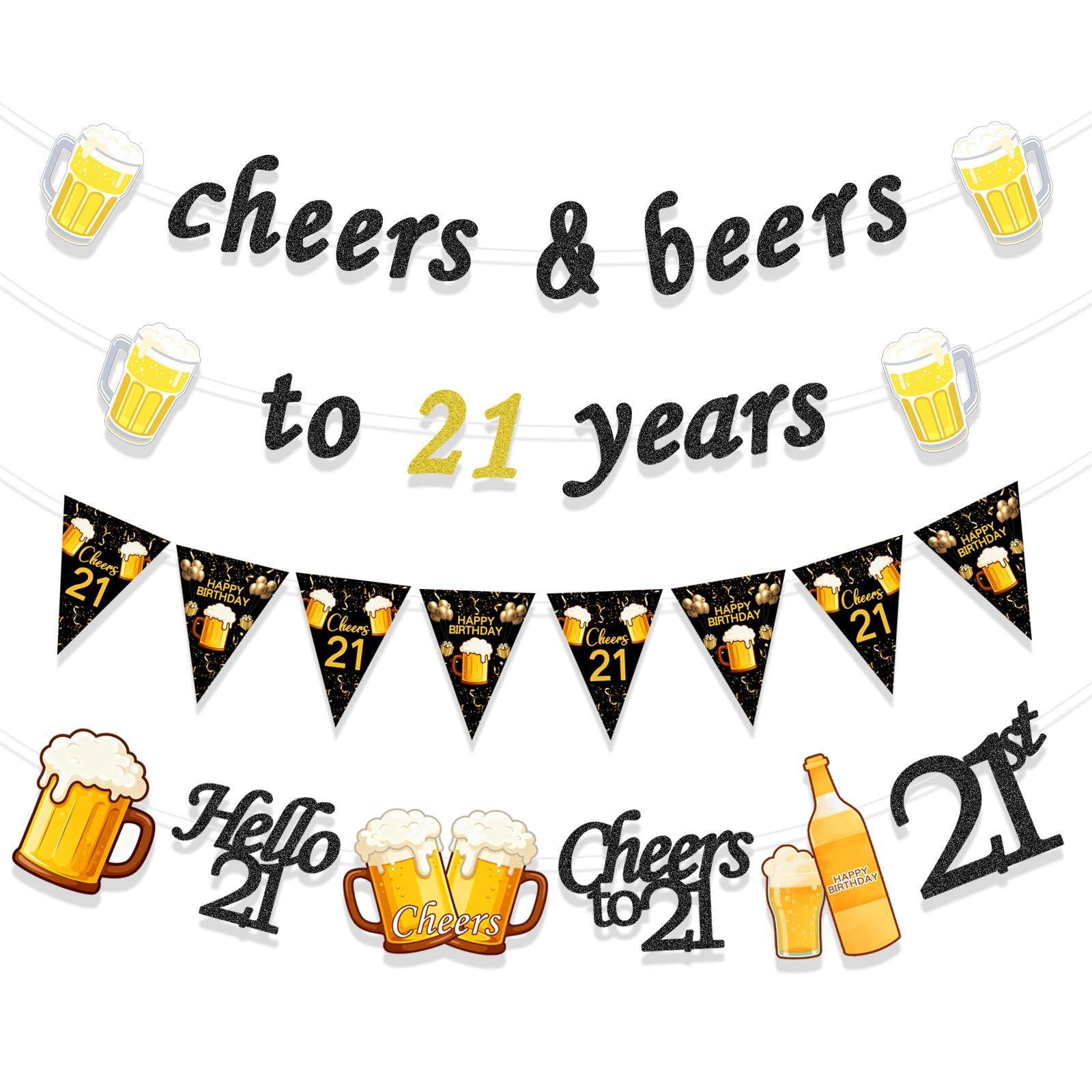 Black & Gold 21st Birthday Decoration Set, Happy Birthday Decorations Supplies, Glitter Pre-Strung 21st Party Gifts Banner Decors for Men Hanging Swirls Paper Triangle Flag Banner