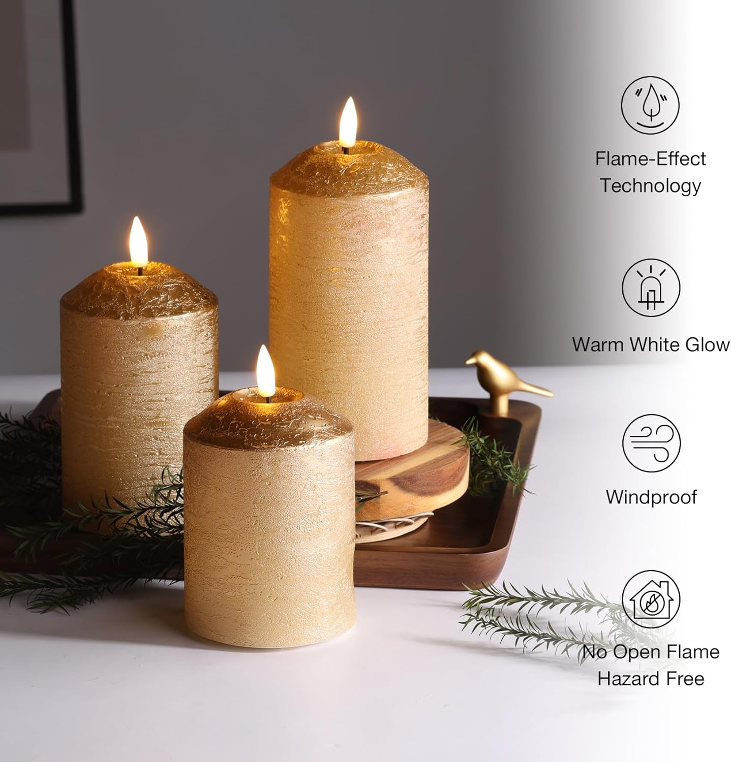 Eywamage Gold Flameless Pillar Candles with Remote, Flickering LED Wax Candles Battery Operated Set of 3 - Image 4