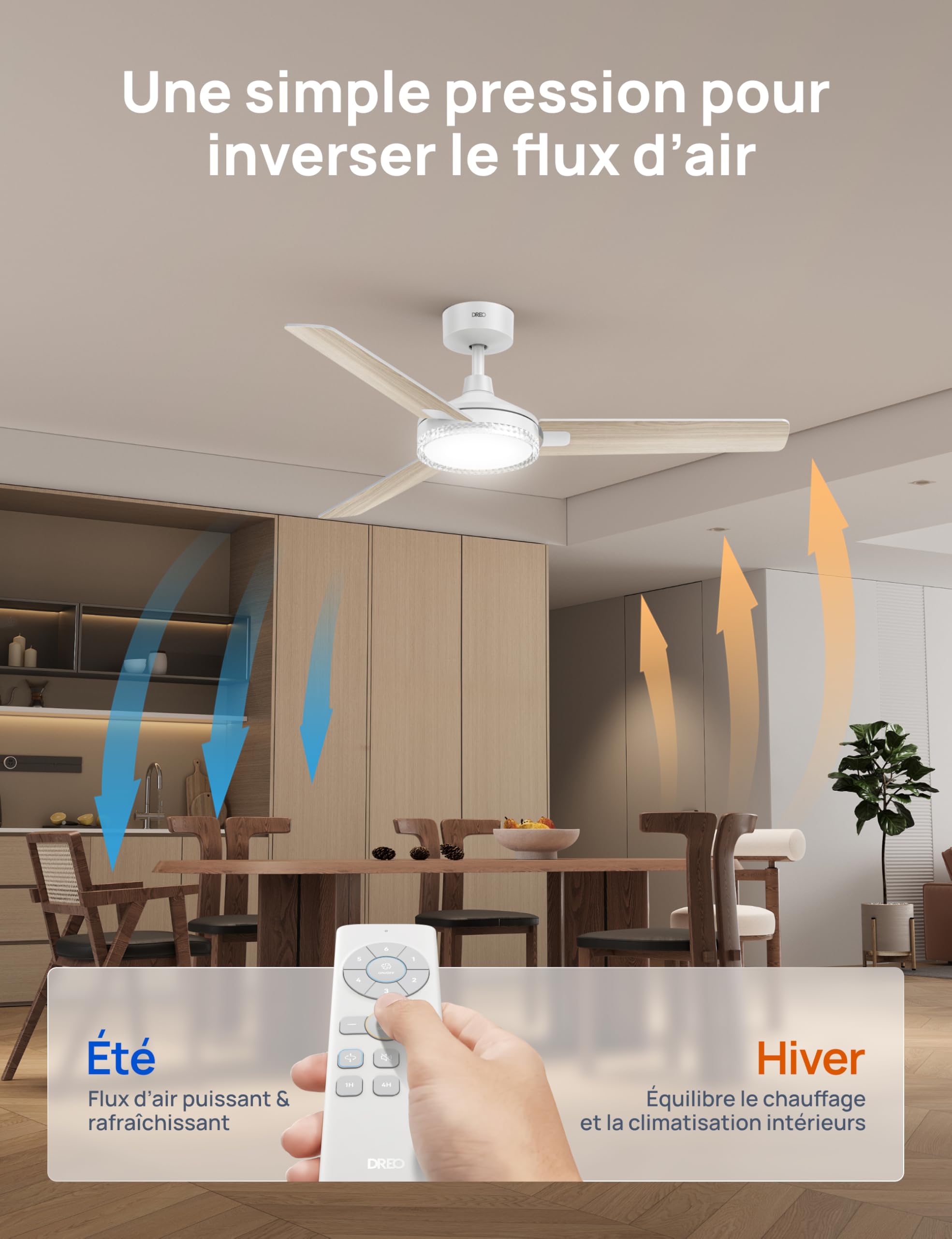 DREO ventilateur de plafond avec lumière et télécommande 132 cm, ventilateur blanc, 5 températures de couleur CCT, LED dimmable 6 niveaux, 6 vitesses, moteur CC réversible silencieux, minuterie 1/4/8h