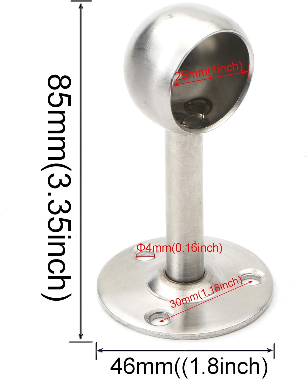 Stainless Steel Wardrobe Pipe, Closet Lever Rail Rod End Support Bracket, Ceiling-Mount Bracket for 1 inch (25mm) Stainless Steel Pipe, Pack of 4