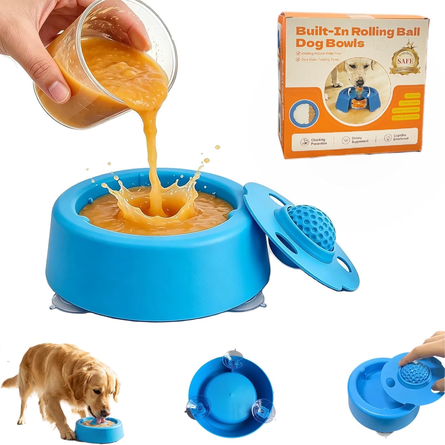 250ml Dog Licking Bowl with Rolling Ball,Pet Forever Lick Ball,Lick Ball for Dogs,Anti Slip Suction Interactive Bowl, Anxiety Relief Toy, Prevents Fast Eating for Wet Food, Bone Broth & Yogurt（Bule.