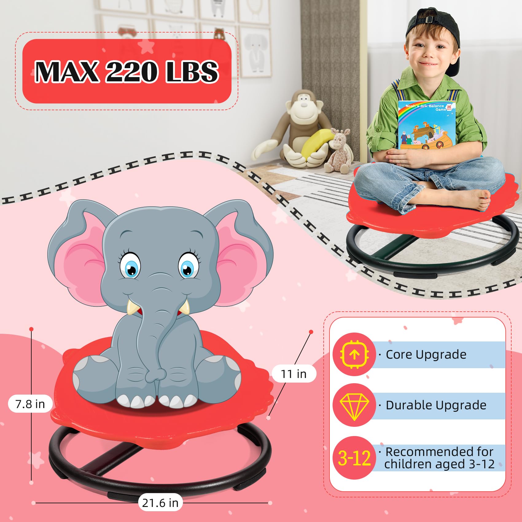 2025 New Upgraded Dinosaur Kids Sensory Swivel Chair, Autism Spinning Chair for Body Coordination Training, Autism Sensory Chairs for Autistic and ADHD Kids, Spin Seat, Non-Slip Metal Base (Red)