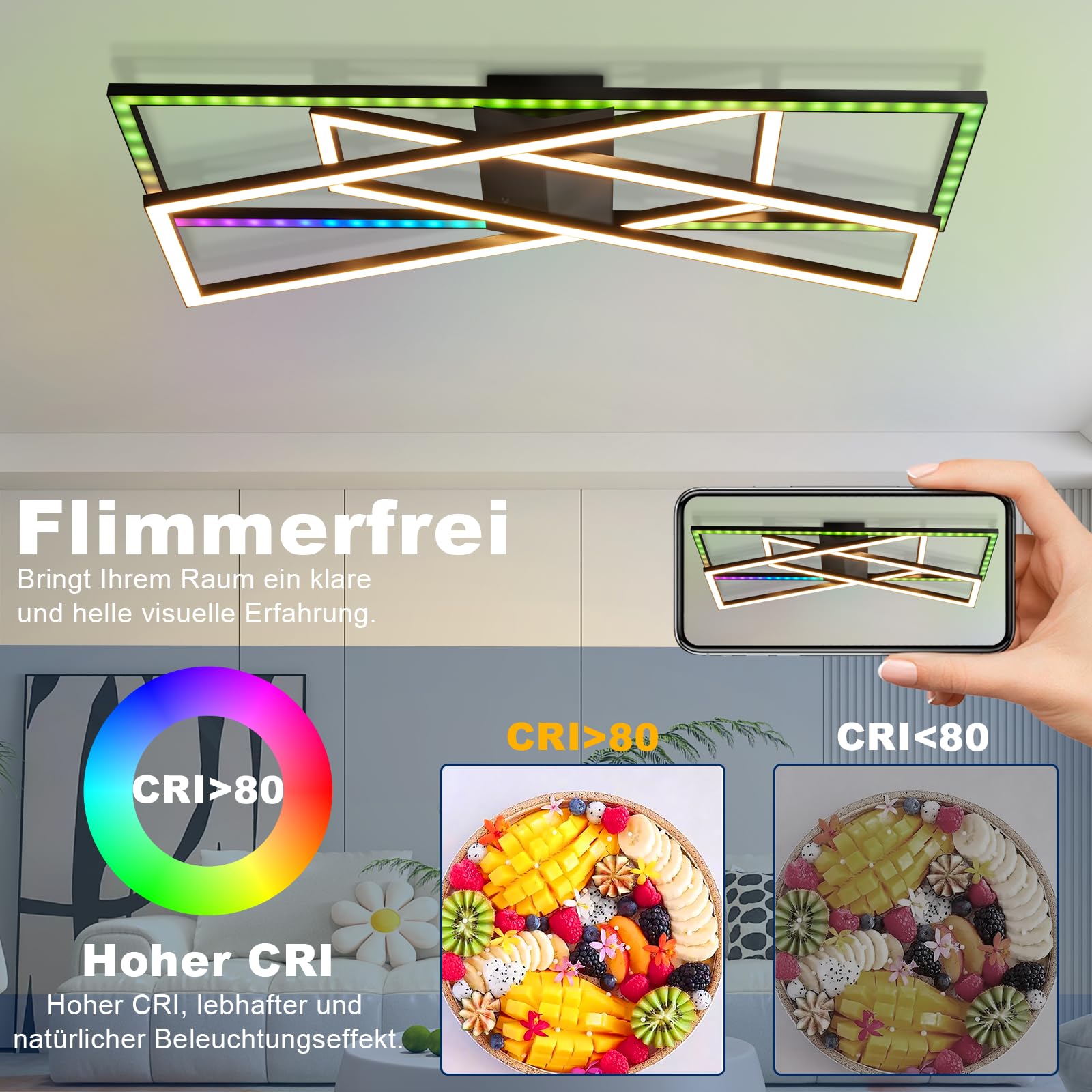 Homefire Deckenlampe Wohnzimmer LED Deckenleuchte RGB Schwarz 36W Dimmbar | Wohnzimmerlampe Farbwechsel Modern Schlafzimmerlampe mit Fernbedienung Metal Deckenleuchten Rechteckig für Jugendzimmer Büro