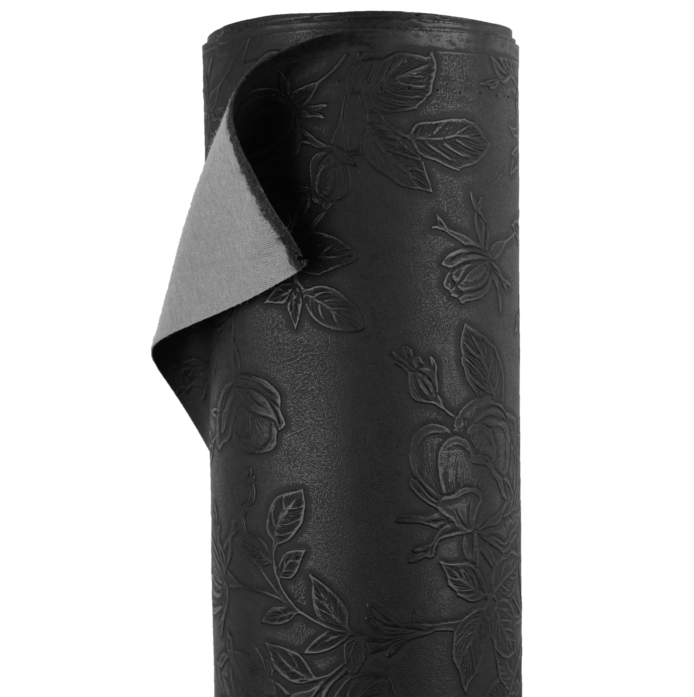 A-Express Black Floral Faux Leather Fabric - Embossed Pu Vinyl Material - 140Cm 55" Inches Wide - 430 Gsm By The Metre - Textured Flower Upholstery Fabric, Diy Craft Sheets, Purse - 1 Metre