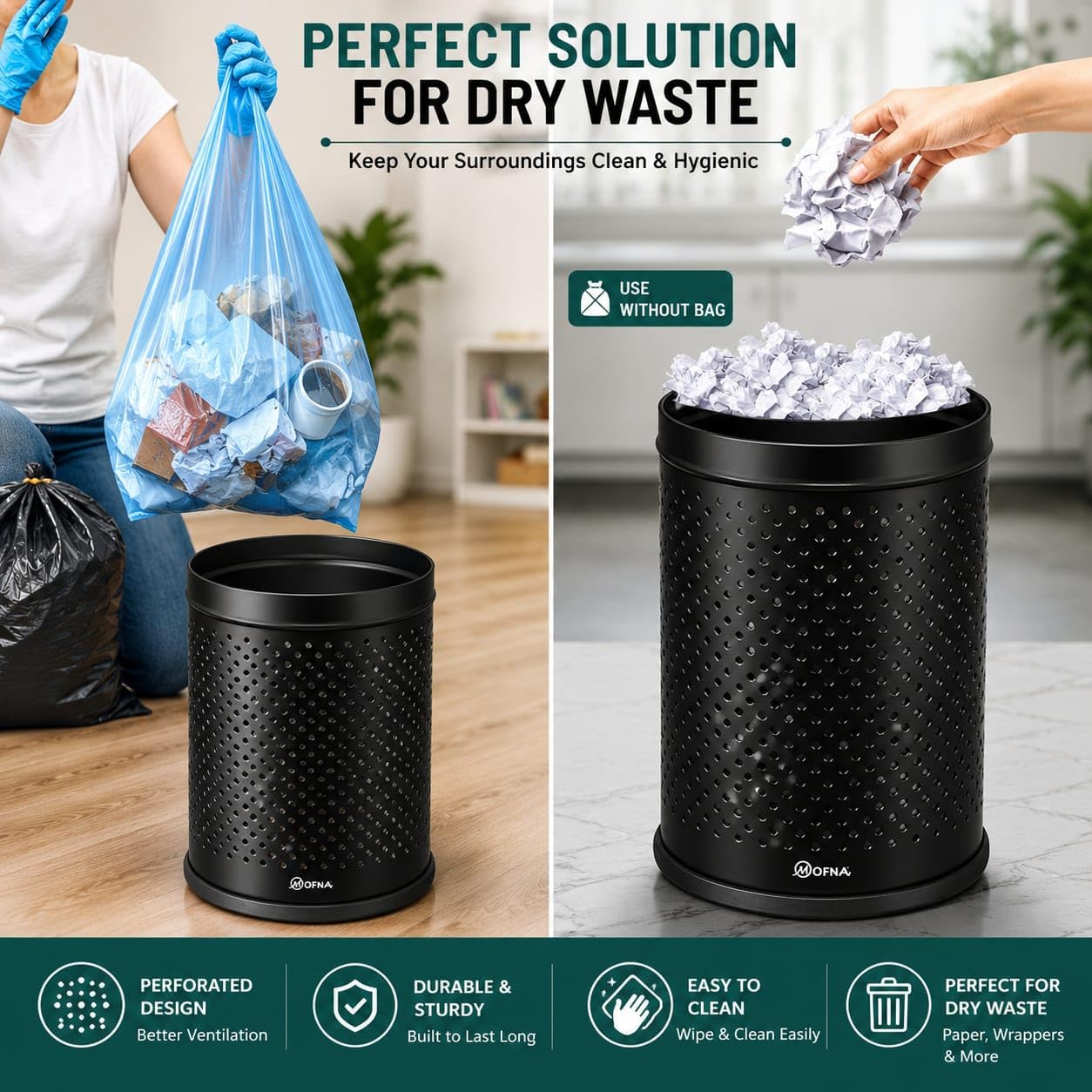 mofna Stainless Steel Perforated Dustbin for Home, Trash Can with Anti-skid Base, Garbage Bin for Bathroom, Office, Bedroom, Kitchen & Toilet or Commercial Use- (7x10 In -6 Liter, Black), Pack of 1 4