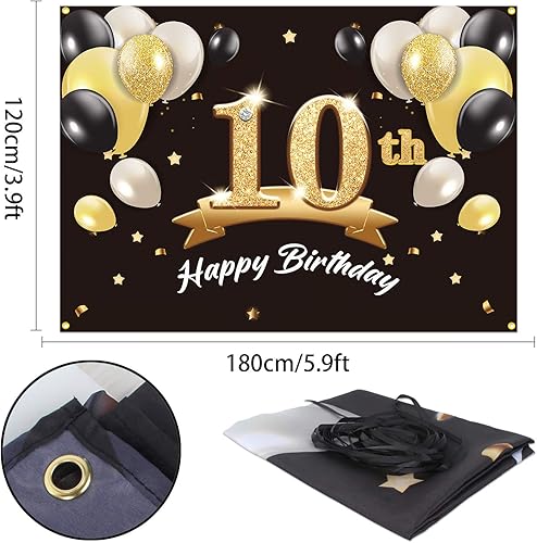 Miniatura 2 de Fondo de pancarta de feliz cumpleaños 10  Suministros de decoración de fiesta de cumpleaños 10 para niños  Negro dorado 4 x 6 pies