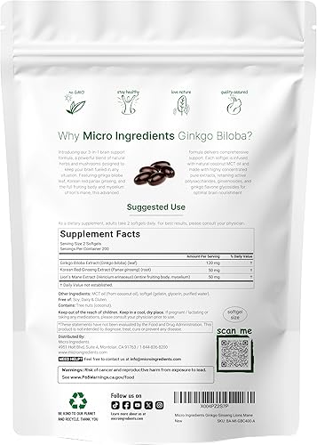 Miniatura 2 de Micro Ingredients Ginkgo Biloba y Ginseng, 400 cápsulas blandas  Suministro para 6 meses  Suplemento de triple fuerza de ginko biloba y melena de