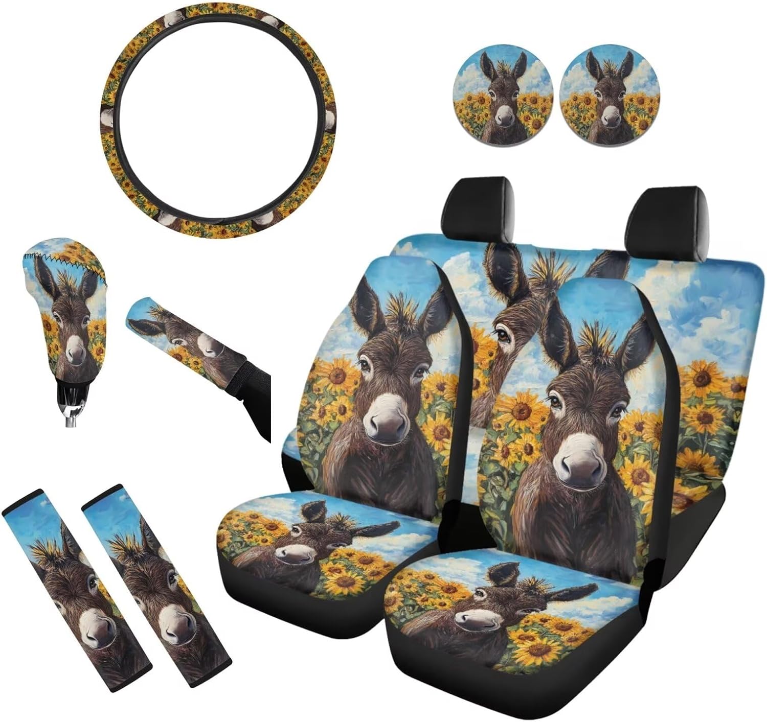 Donkey Car Seat Covers Universal Fit Most Vehicles Seat Cushion Covers Full Set with Steering Wheel Cover/Coasters/Seatbelt Pad/Shift Knob Handbrake Cover Sunflower Auto Accessories Set of 11