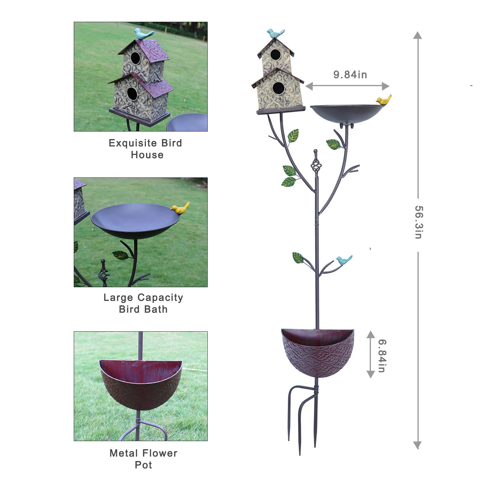 Combo de baño para pájaros y casa de pájaros para exteriores de 56.3 pulgadas con maceta, baño de metal para pájaros con casa para pájaros y maceta 3 en 1, adecuado para decoración de jardín,