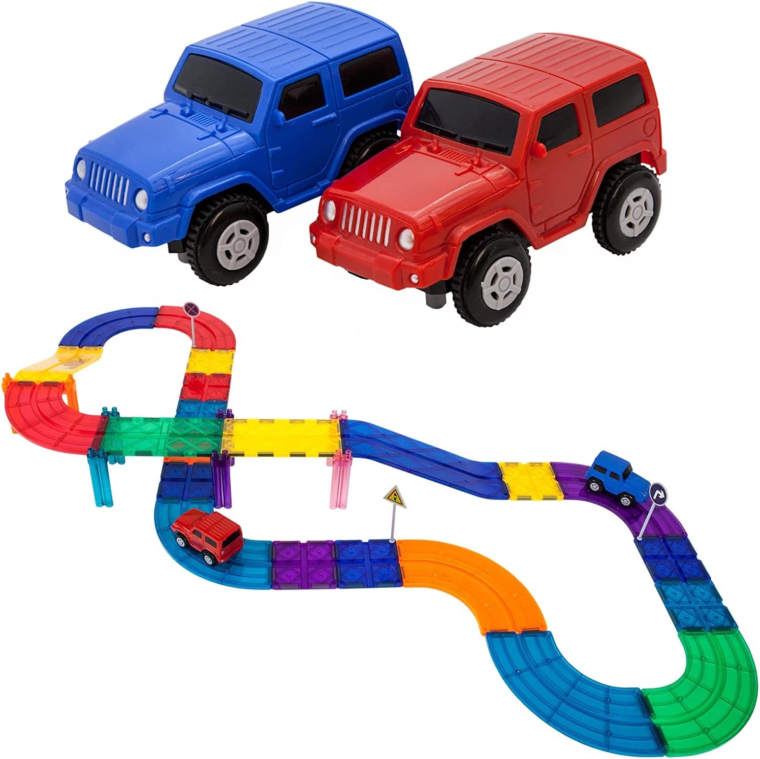 PicassoTiles 150 pcs Large Building Blocks + 30 pcs Race Car Track, 5 Colors 4 Unique Shapes Mix & Match Toys, 2 Race Car Trucks, STEM Learning Construction Kit, Hand-Eye Coordination Fine Motor Skill