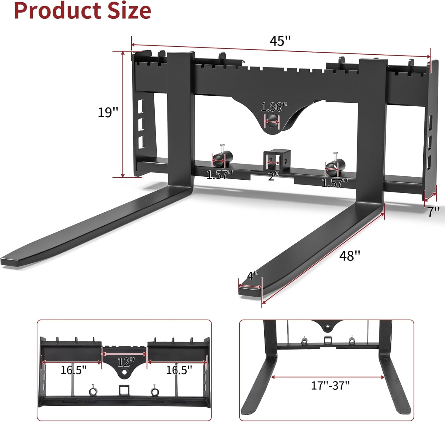 YITAMOTOR 45" Pallet Forks Frame Attachment with 48" Pallet Forks Forklift Blades, 4000 lbs Capacity with 2 Inch Receiver Hitch & Spear Sleeves for Kubota Bobcat Skid Steer Loaders Tractors