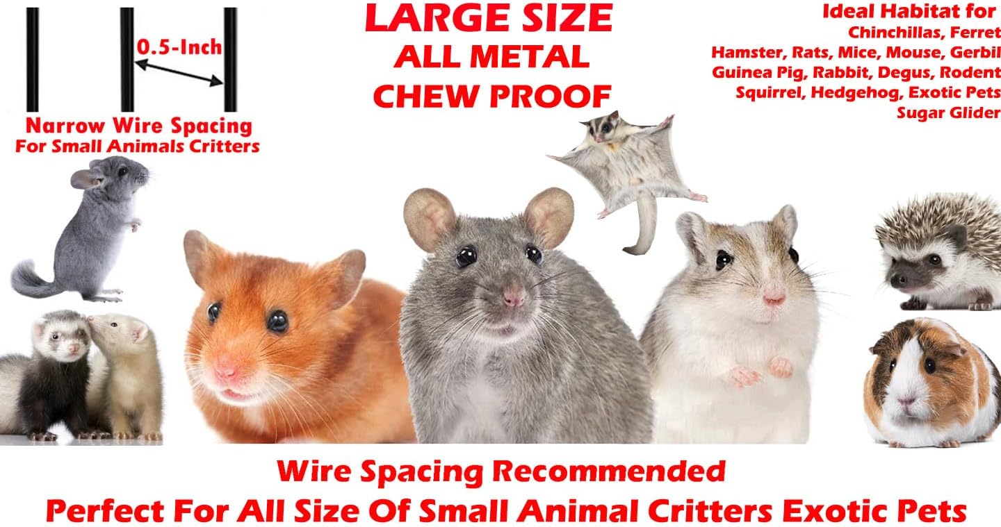 74" Large Double Stackable Wrought Iron Tight 1/2-Inch Bar Spacing Chew-Proof Cage for Ferret Chinchilla Sugar Glider Rat Mouse Easy Clean Pull Out Grate & Tray Removable Rolling Stand