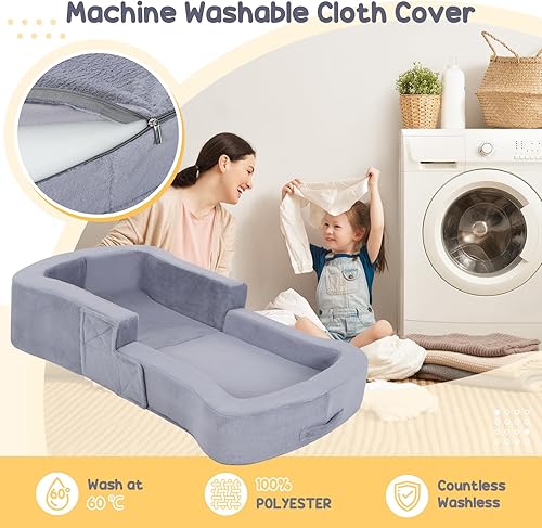 Miniatura 5 de Cama de viaje para niños pequeños, sofá plegable portátil 2 en 1, cama suave, cuna de viaje para bebés y niños con fundas lavables, parachoques