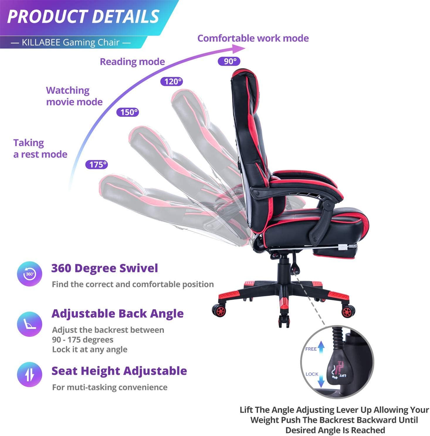 KILLABEE High Back PU Leather PC Racing Computer Desk Office Swivel Recliner with Retractable Footrest and Adjustable Lumbar Support, Red/Black