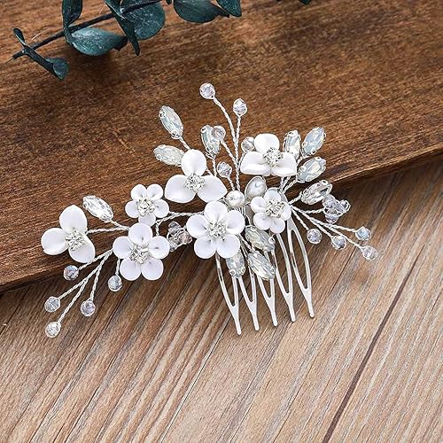 Unicra Peine de pelo de novia plateada con flores para novia, accesorios para el cabello con diamantes de imitación brillantes, joyería para mujeres