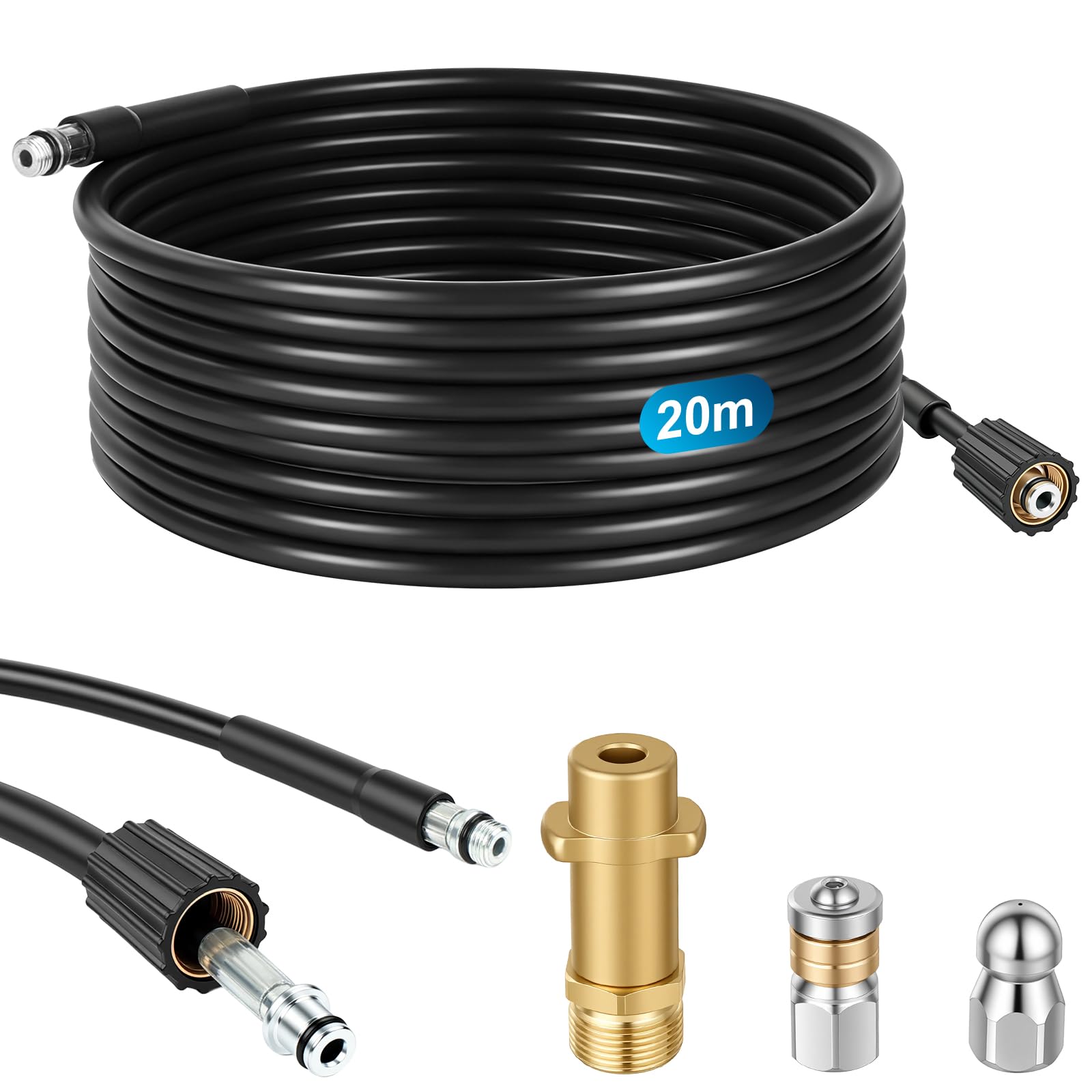 20M Kit Deboucheur Haute Pression, Kit de Tuyau de Nettoyage De Canalisation avec Buse Nettoyeur Haute Pression à Jet, Rotative et Adaptateurs, Compatible avec Karcher K2/K3/K4/K5/K6/K7