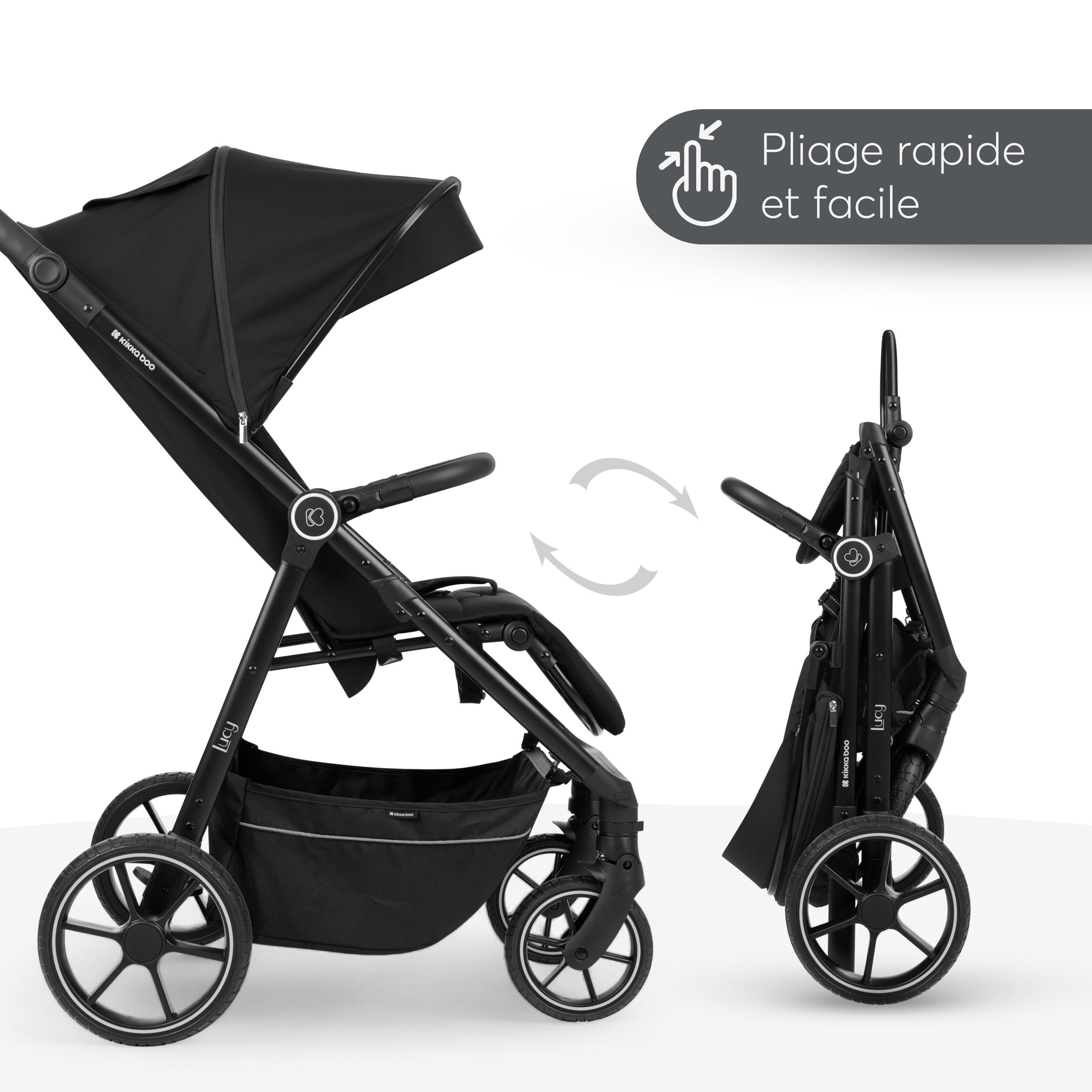 Poussette KikkaBoo LUCY, poussette bébé, jusqu'à 22 kg, poussette légère, pliable et compacte, noire