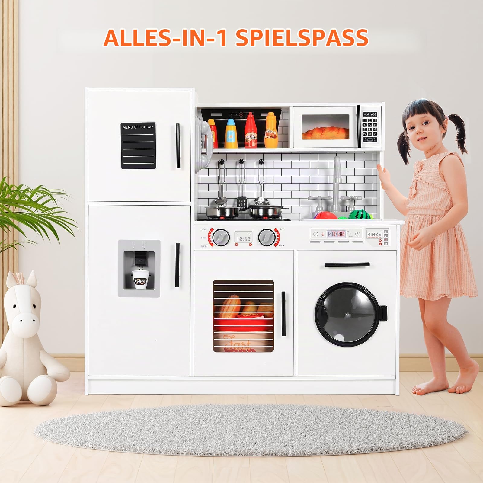 Clevich Kinderküche Holz für Kinder Kinderzimmer, Kita, Geburtstag MDF mit Waschmaschine, Eismaschine, Herd, Spüle, Mikrowelle, Backofen, Telefon, Sound Licht Spielküche, Weiß 82x80x25 cm
