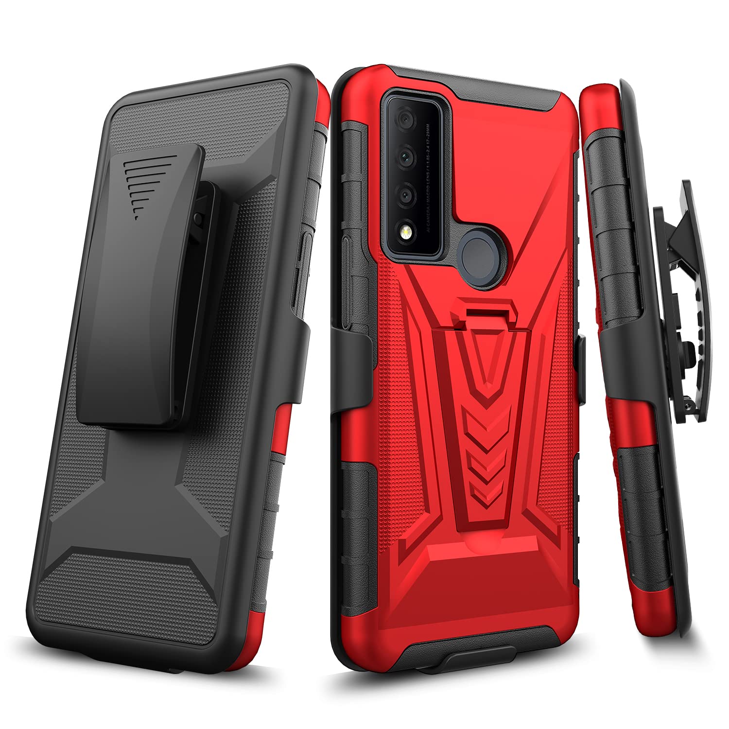 PT Tempered Glass + 3in1 Combo Holster Cover Phone Case for TCL 30 XE 5G T767W 6.5" + Gift Stand (Red)