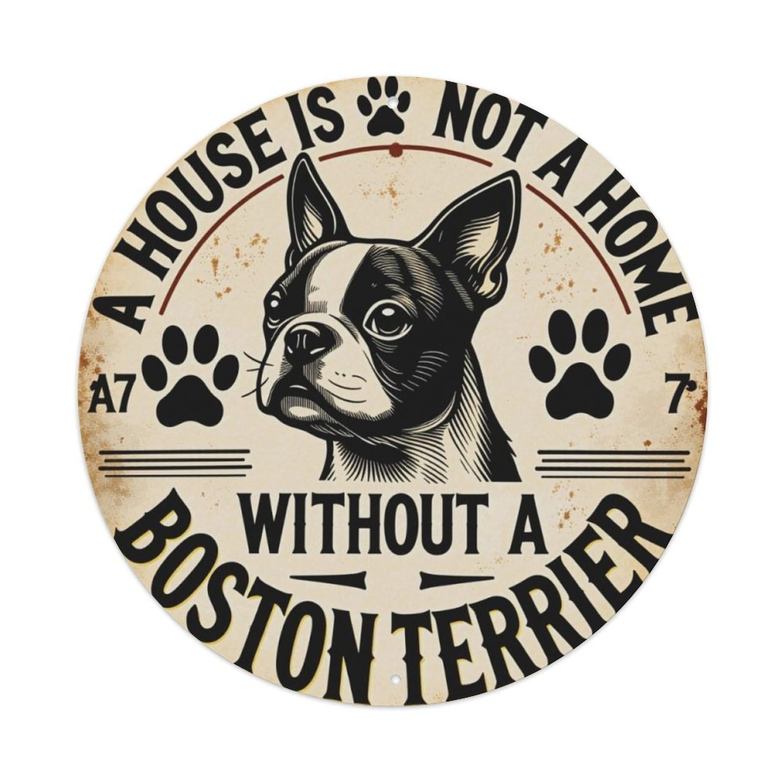 Vintage Distressed Boston Terrier Pet Themed Round Metal Sign Vintage Aluminium Metal Sign, Retro Wall Decor for Home, Bar, Garage & Farmhouse 20x20cm
