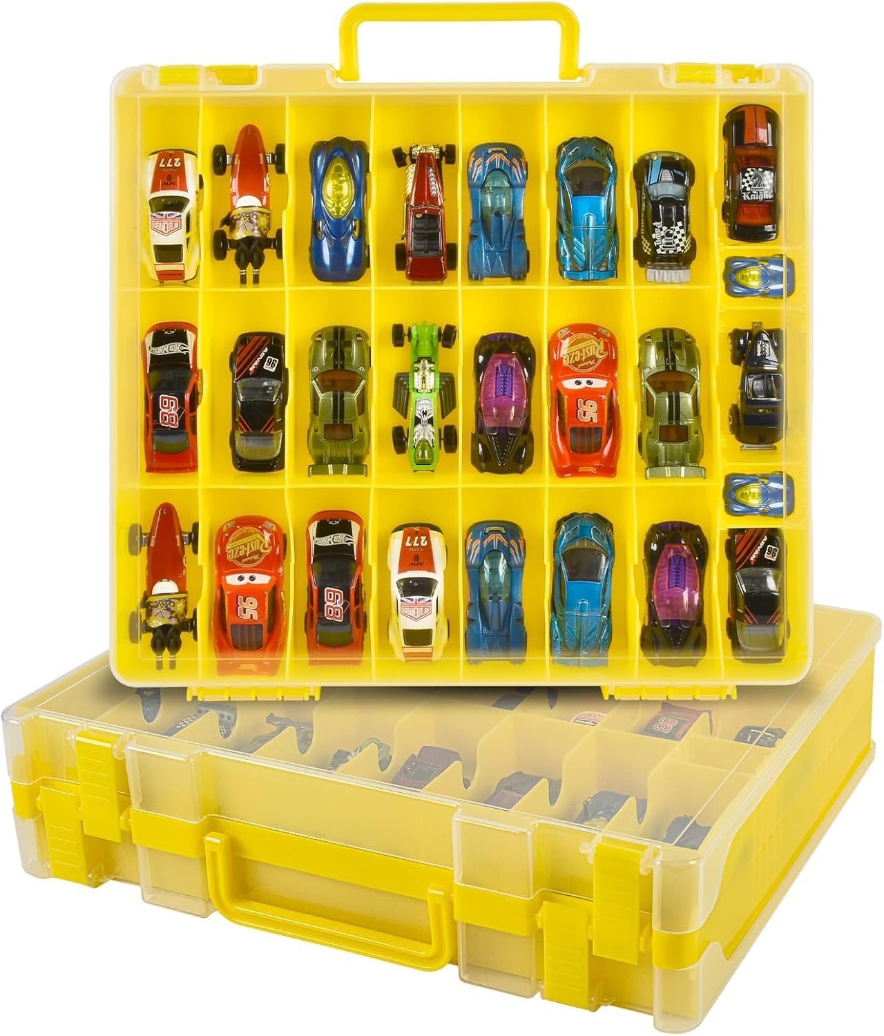 Toy Car Storage Organizer Case Compatible with Hot Wheels/for Matchbox Cars. Display Carrying Container Holder for LOL Surprise Dolls/for Shopkins with 48 Compartments Double Sided-Yellow (Box Only)