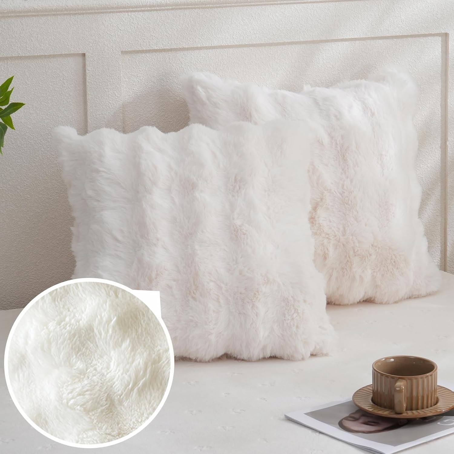 Faux Fur White Throw Pillow Cover Ultra Furry Fuzzy Couch Pillow Case Cream White Cushion Cover Room Decor Decorative Pillowcase 18 x 18 inch Set of 2