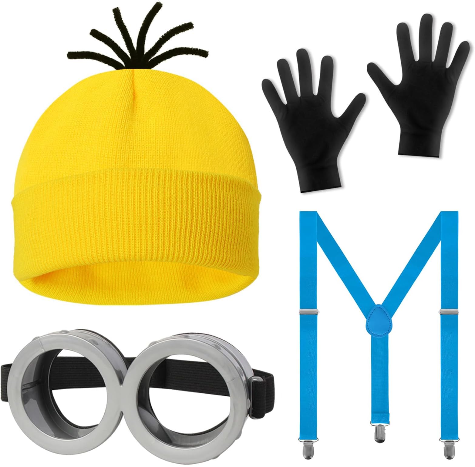 QTUN 4PCS Halloween Costume Accessories for Adult, Fancy Dress Set with Yellow Beanie Hat Goggles Gloves Suspenders for Men Women Halloween Cosplay Dress up Outfits
