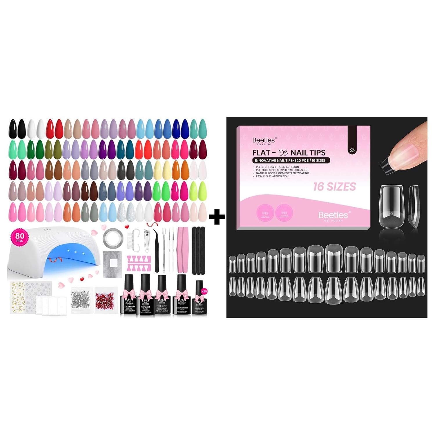 Beetles Gel Nail Polish Kit with U V Light with Gel Nail Tips Flat-X - Square Coffin Short, 320pcs 16 Sizes, Pre-Etched Half Matte
