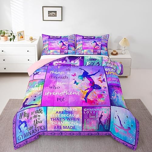 Juego de edredón de gimnasia para niña, tamaño matrimonial, juego de ropa de cama de bailarina de color arcoíris pastel para niños y mujeres, juego