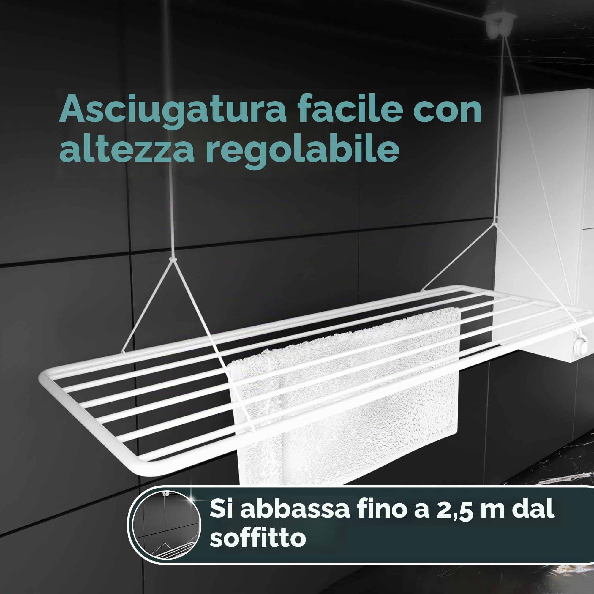Erica Eric Stendibiancheria da soffitto 120x50cm, 9.6m di superficie asciugante, 2.5m Mini Stendino da soffitto pieghevole, Metallo con rivestimento in plastica senza PVC, Stendino bianco
