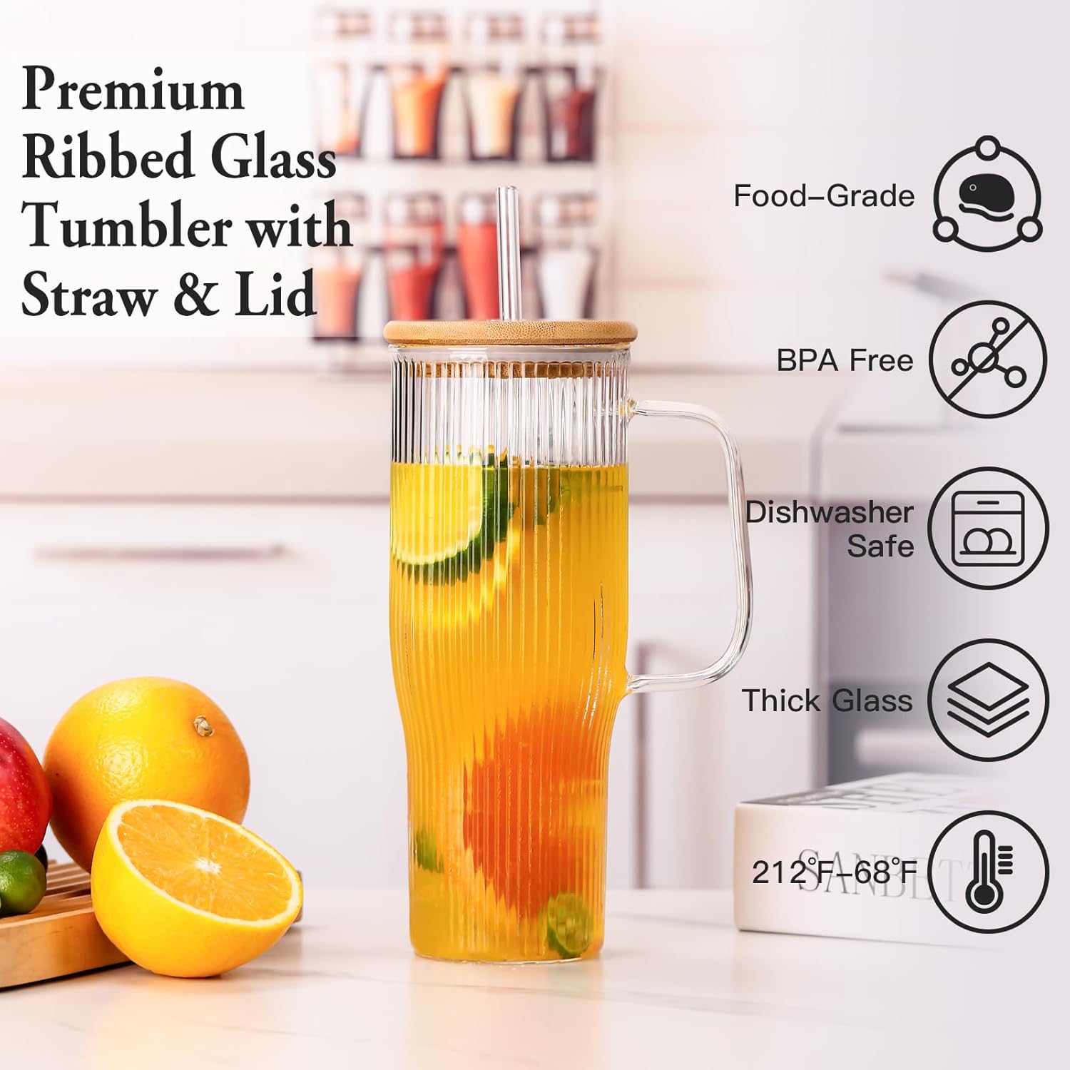32 oz Ribbed Glass Tumbler with Handle, 2 Pack Glass Cups with Lids and Straws, Iced Coffee Cup,Borosilicate, with Bamboo Lid and 4 Straws - Image 2