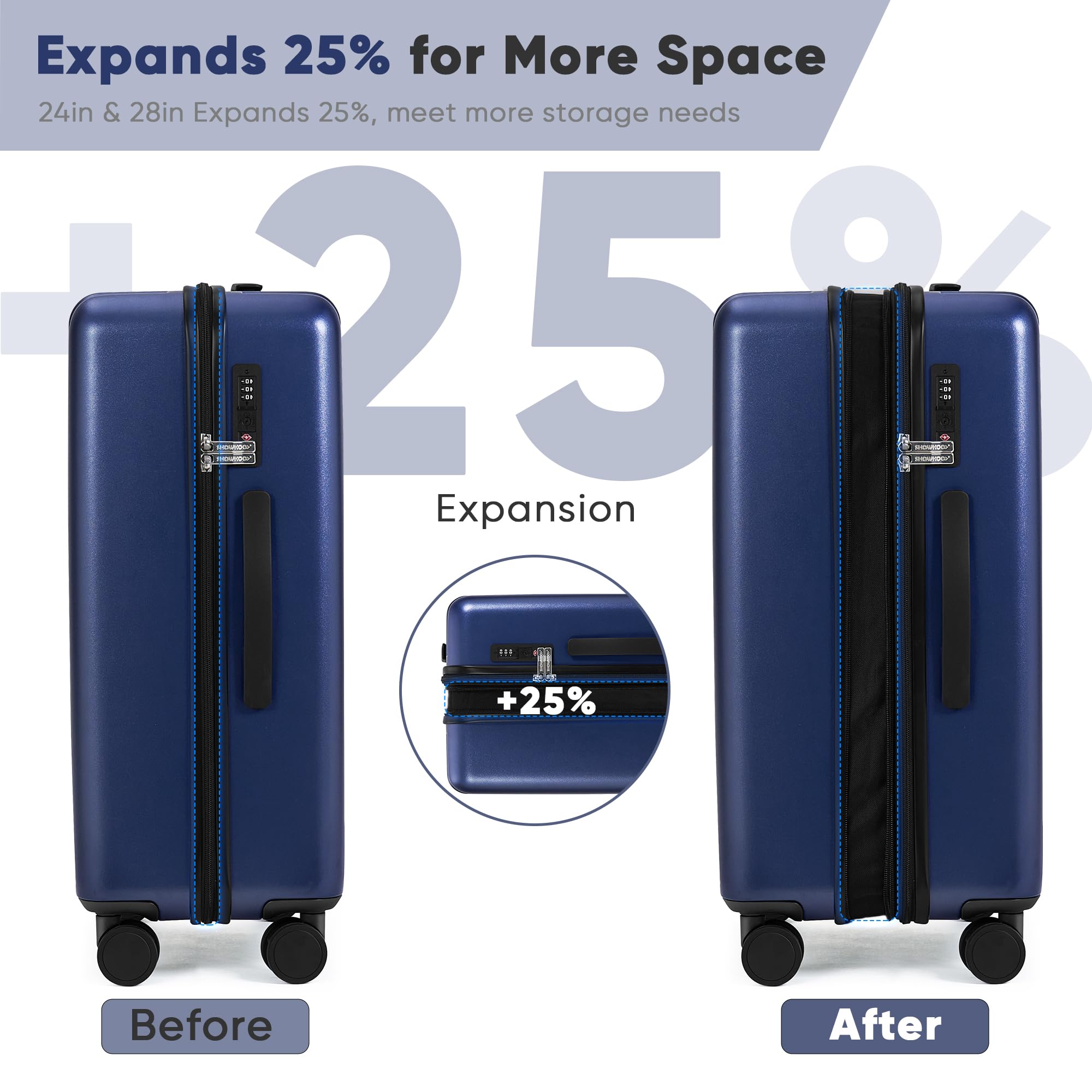 SHOWKOO Set di Valigie Rigide 3 Pezzi 100% Policarbonato Bagaglio Leggero Espandibile Ultra Durevole Valigia Trolley da Viaggio con Serratura Approvata Dalla Tsa e 4 Ruote Doppie M+L+XL,Blu Scuro