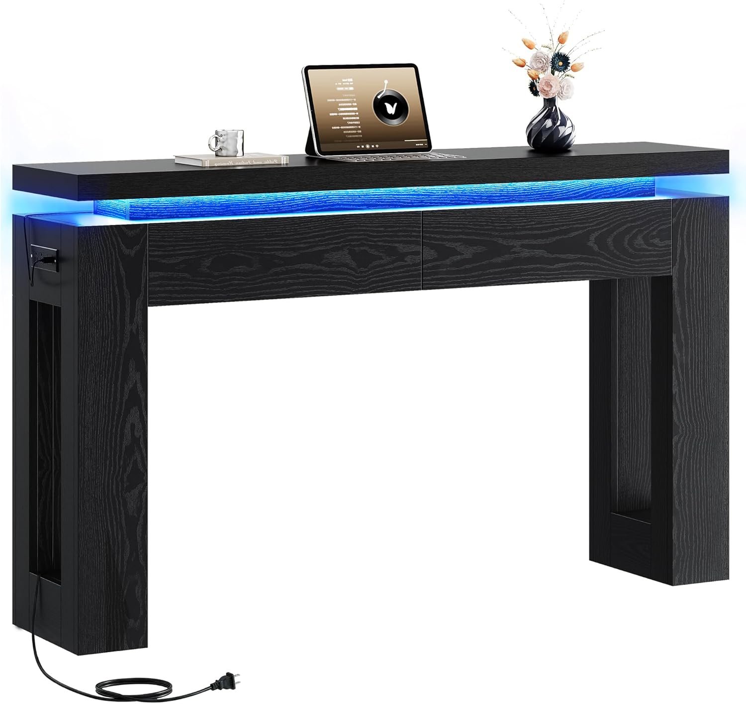 LIKIMIO Console Table with Drawers, Modern Entryway Table with LED Lights and Charging Station, Narrow Sofa Table with Storage Behind Couch for Entrance, Hallway, Living Room, Black