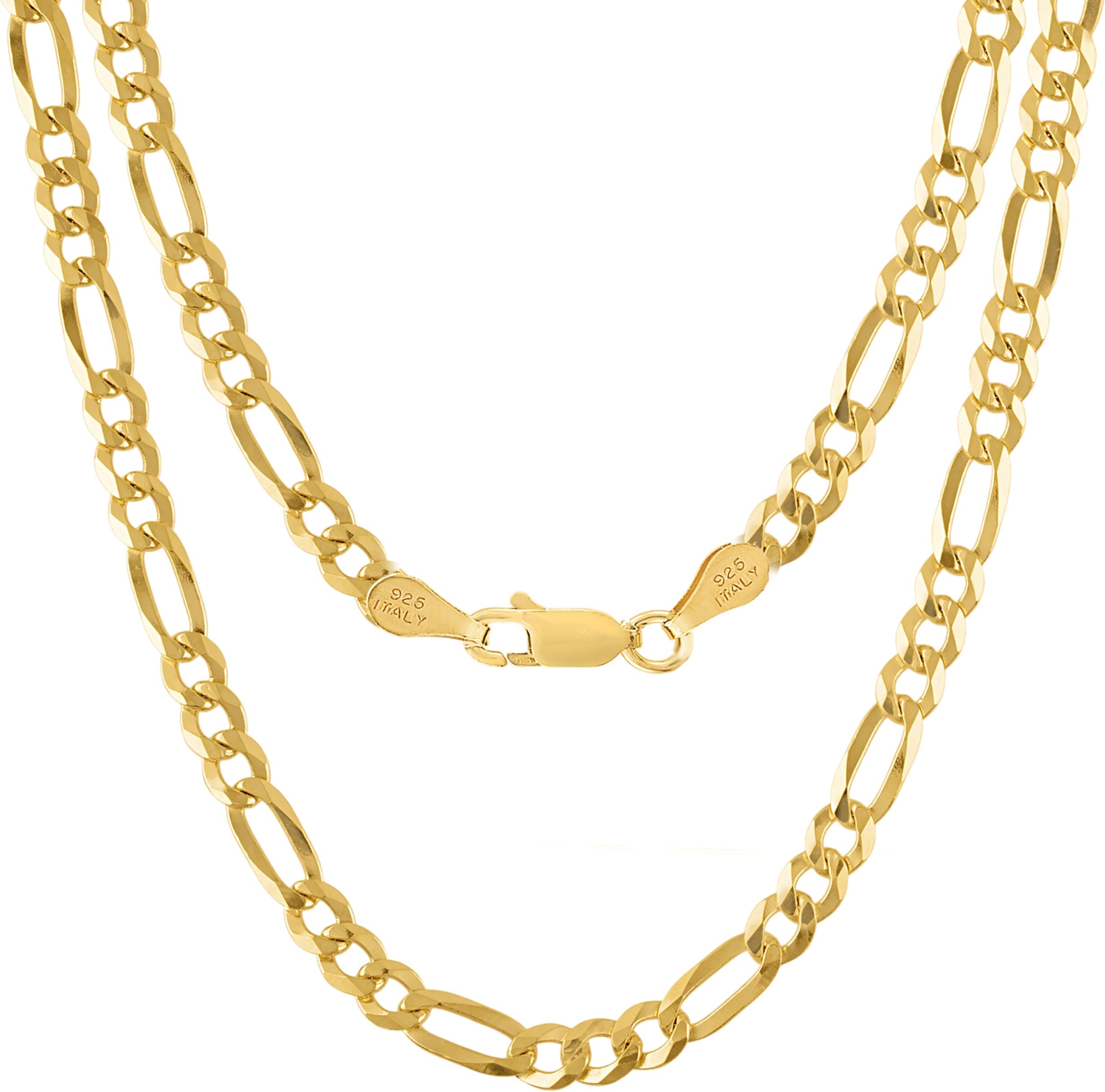 KISPER 18K Gold Over 925 Sterling Silver Italian 5mm Solid Diamond-Cut Figaro Link Chain Necklace - for Men & Women with Lobster Clasp - Made in Italy