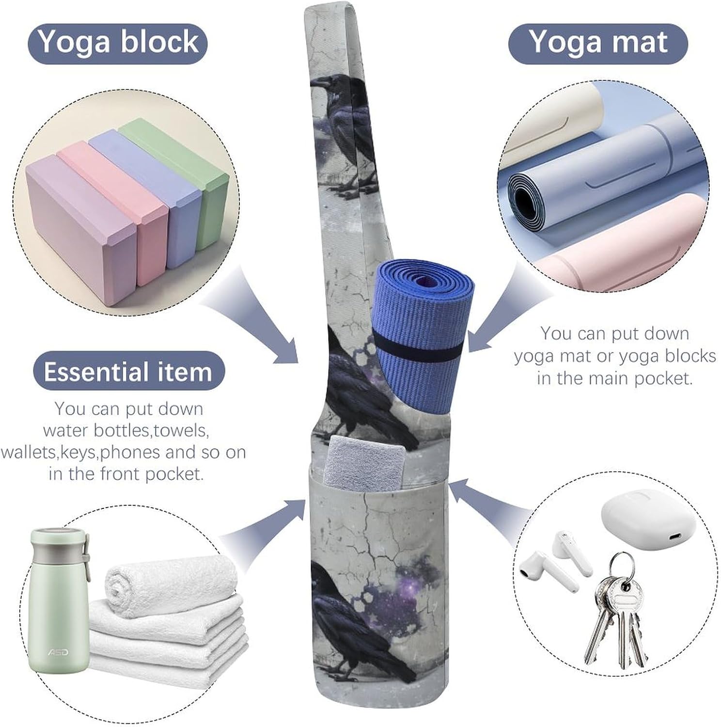 Canvas Yoga Bag,Crow on The Ground Printed Yoga Mat Handbag,Portable Yoga Mat Bag Large Capacity Gym Bag for Men Women Pilates Beach Travel