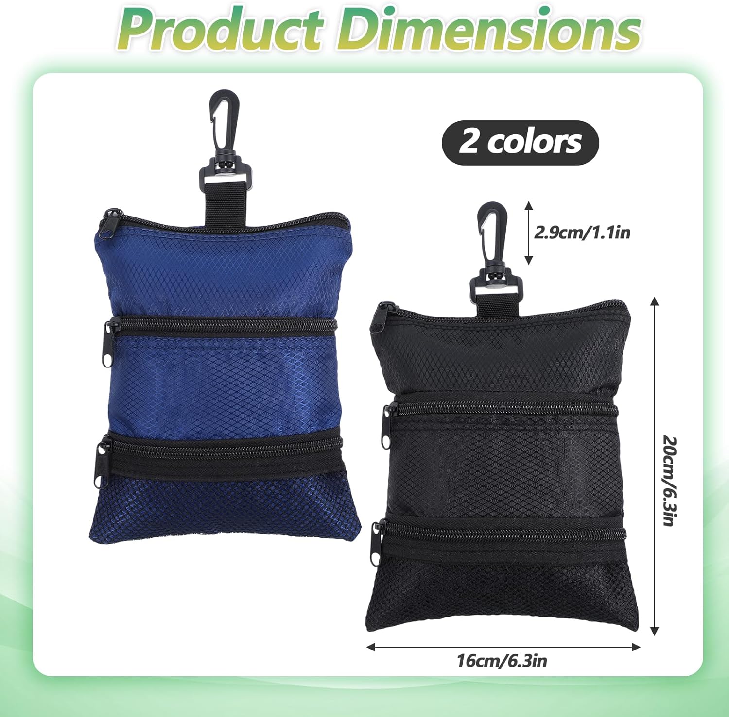 2 Pcs Golf Tee Bag Pouch, Portable Golf Ball Bags with Multiple Zippered Pockets, Black Blue Golfball Storage Accessory Bag for Men Women
