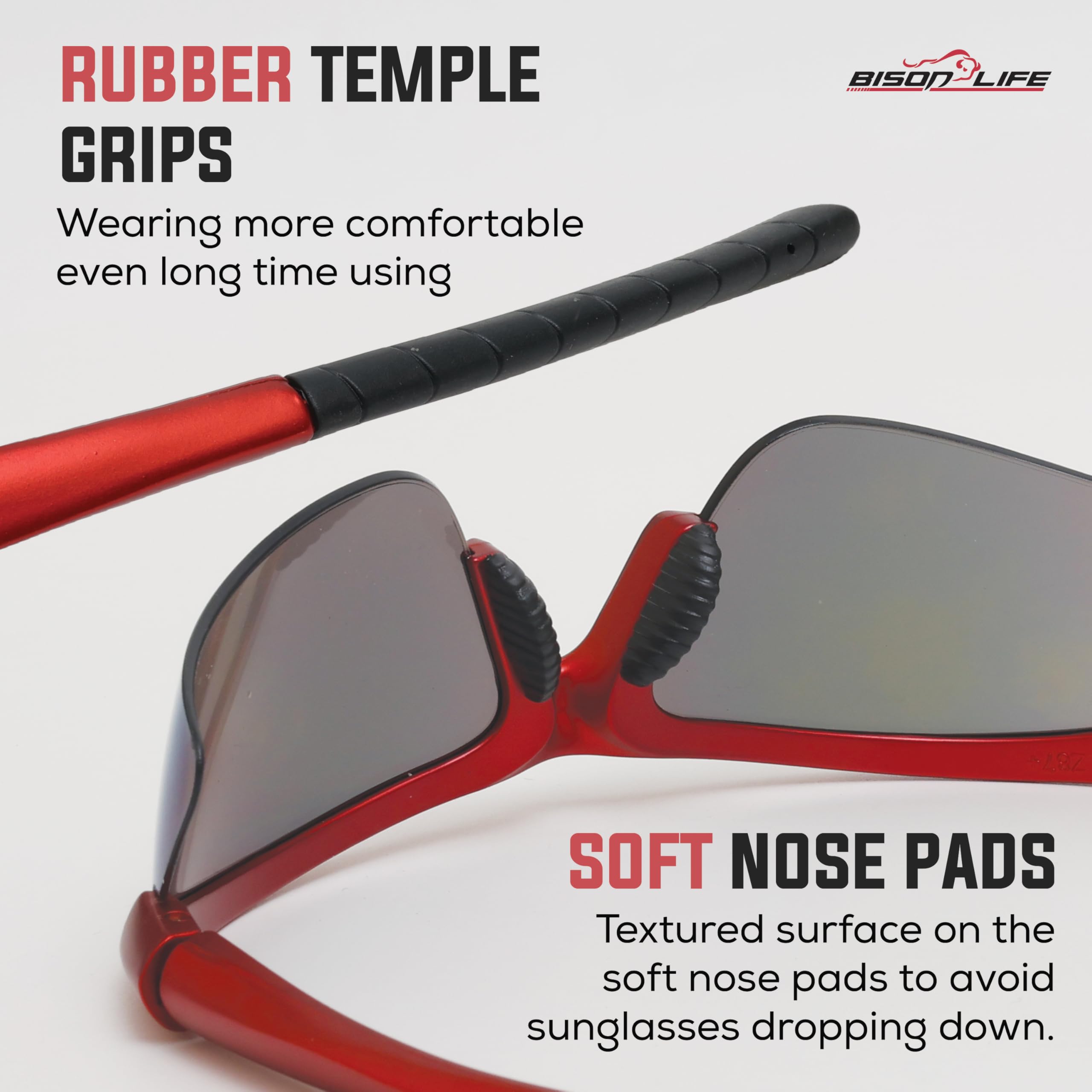 BISON LIFE Sport MTX - Gafas de seguridad con lente de espejo rojo, ANSI Z87.1+, lente de protección UV antivaho y antiarañazos para disparar, trabajo en el patio, ciclismo y actividades al aire libre
