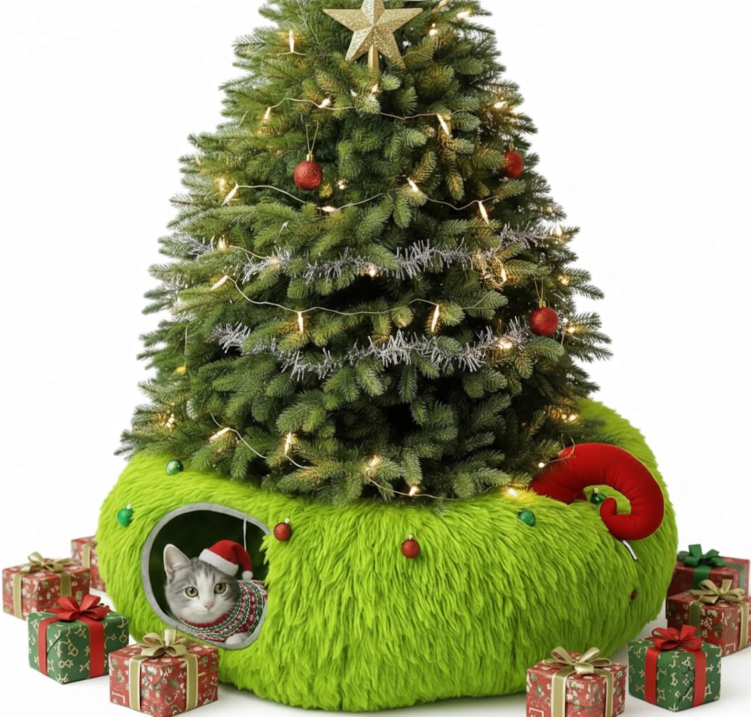 Frienda Fluffy Plush Cat Tunnel Bed Christmas Tree Skirt Lime Green Cat Donut Tunnel Under Tree 3ft x 3ft x 9.4in Christmas Peekaboo Circle Cave Toy Home Decor for Kitten Puppy Rabbit Ferret Gift