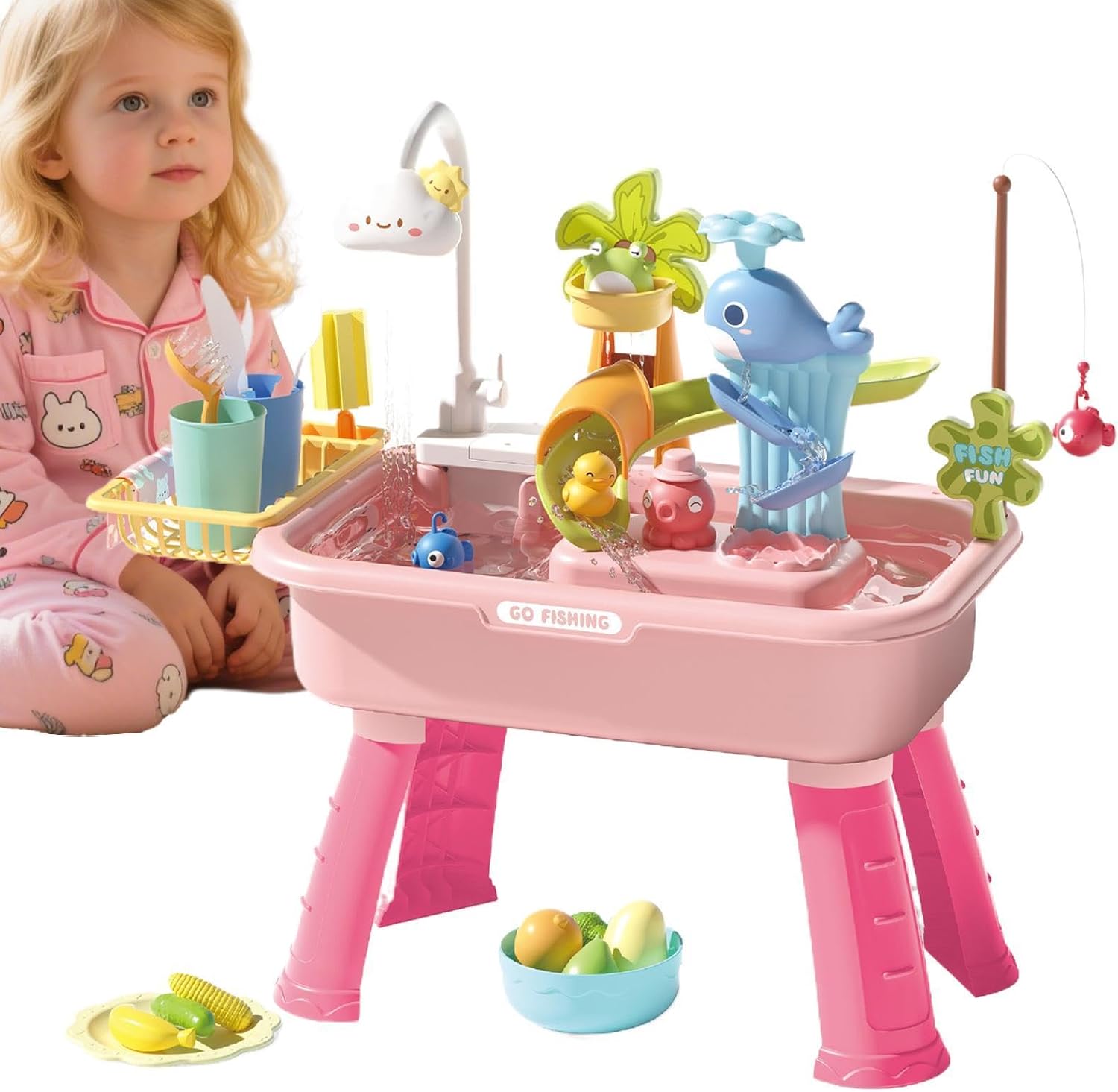 Water Table - Kids Outdoor Play Sink Set, 4 in 1 Pretend Kitchen Activity Toy with Electric Faucet Circulating Water Feature, Interactive Learning Function, Ideal for Beach Backyard Picnic Garden Play